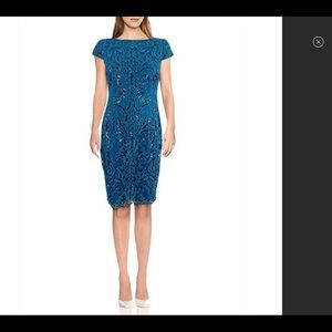 Adrianna Papell Sequin Scroll Cap Sleeve Dress Evening Sky
